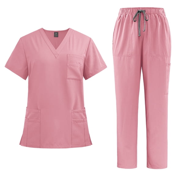 LYMAYTER Women Medical Uniform Outfit Solid Color V-Neck Nurse Uniform Elastic Waist Medical Workwear S-2XL