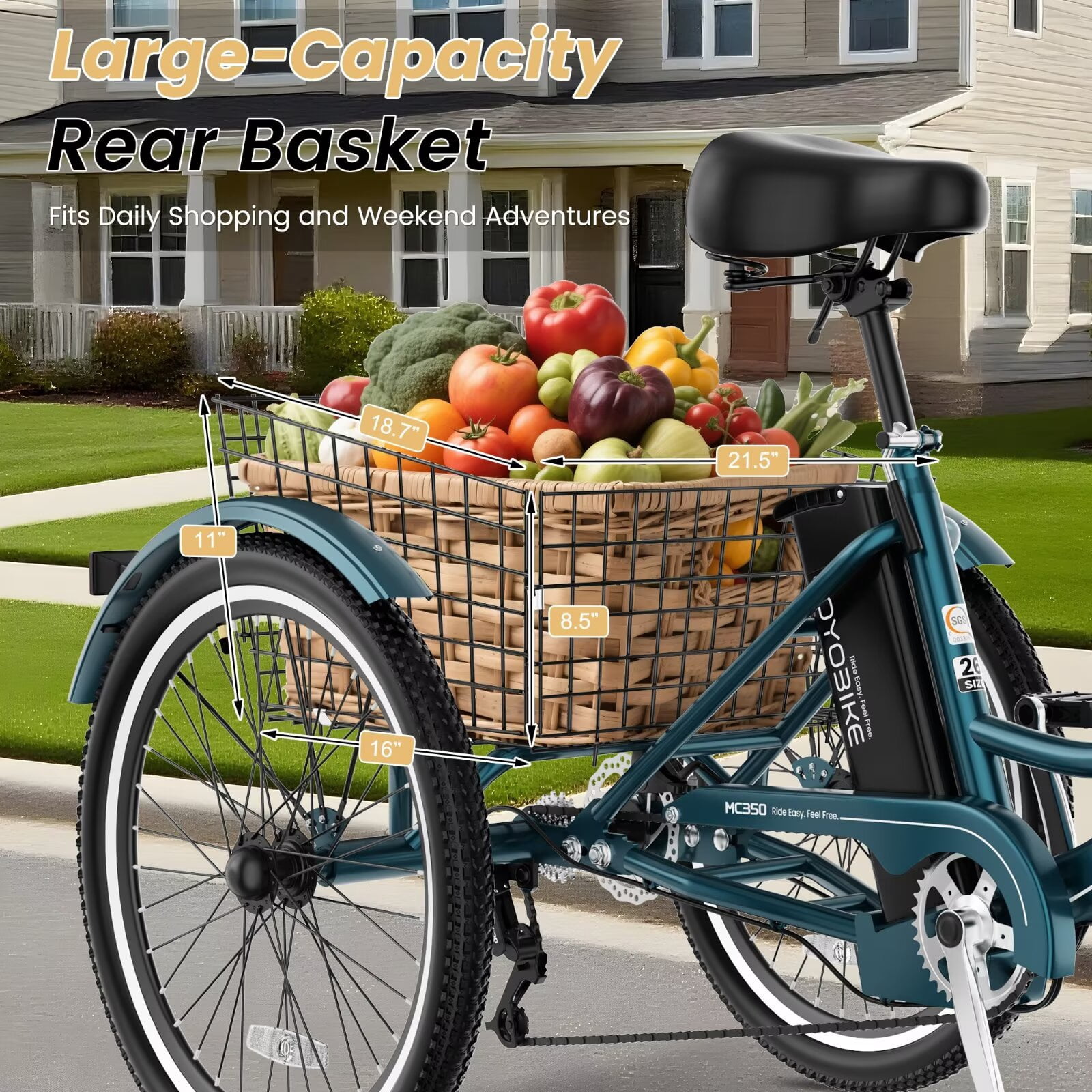 MOONCOOL 24"/26" Adult Electric Tricycle W/ Chain lock, Peak 700W 36V 10.4AH, 7 Speeds Step Through Electric Trike Motorized Three Wheel Electric Bikes w/ Large Basket for Women Men