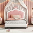 thumbnail image 1 of Lit de Princesse Rembourré Format Simple le Plus Récent avec Tête de Lit en Forme de Couronne, Lit Plateforme Format Simple avec Tête de Lit et Pied de Lit, Crème+rose, 1 of 9