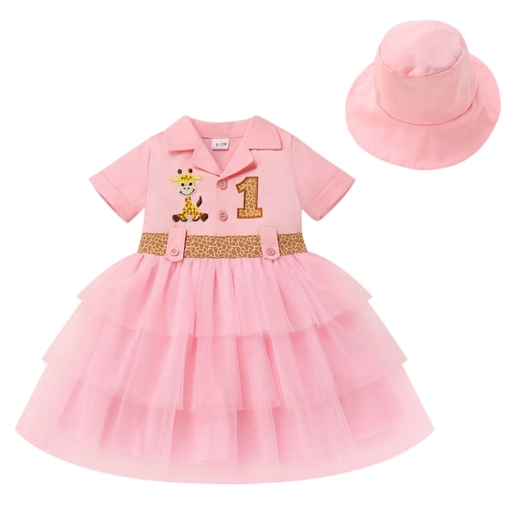 IBTOM CASTLE Baby 1st Birthday Outfit Girls Jungle Animal Giraffe Birthday Dress Tiered Tulle Hat Newborn Cake Smash Photo Shoot Pink