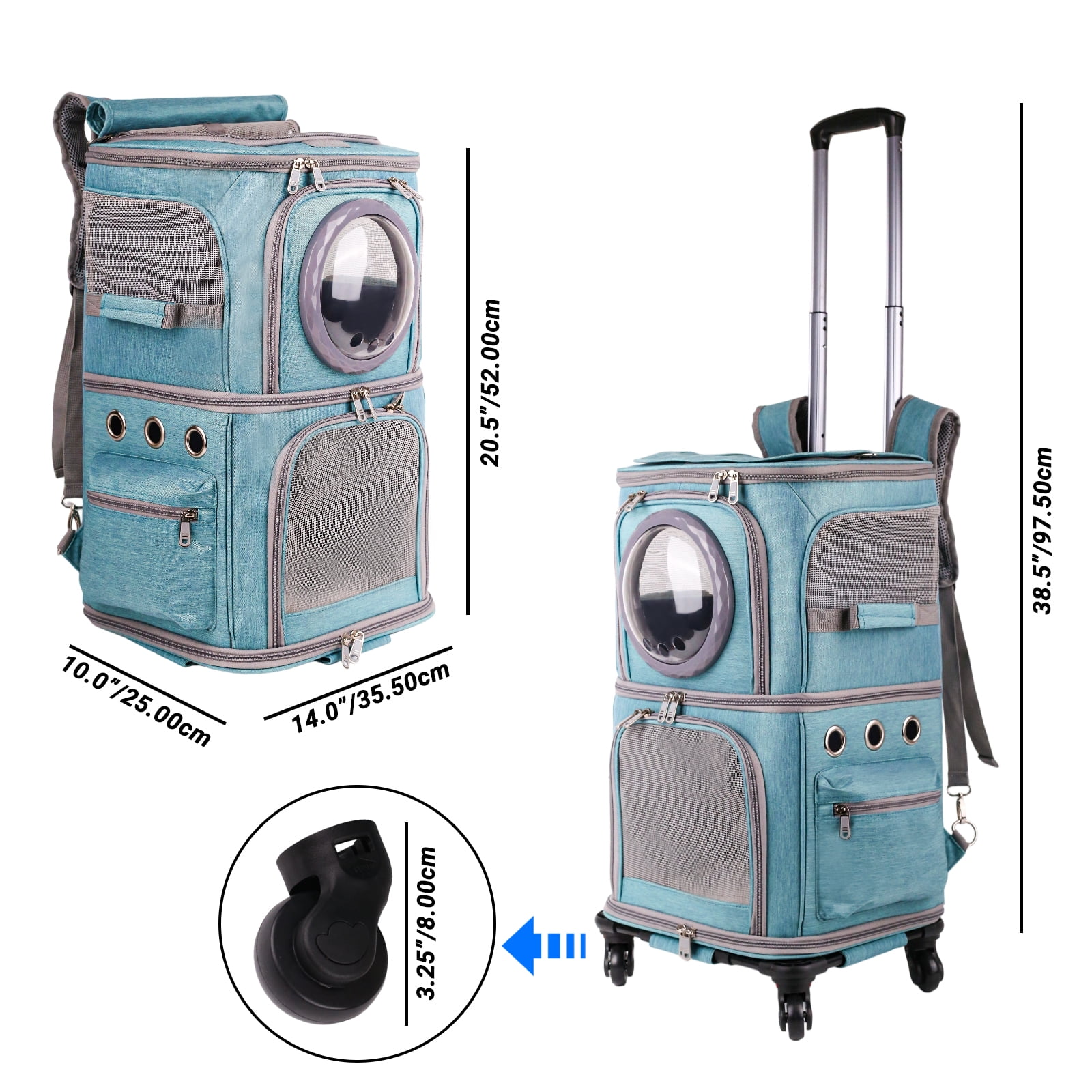 2-in-1 Pet Carrier Backpack for Two Cats or One Dog with Puller & Roller, Green Double-Layer 2 Compartment Carry Bag to Transport Small Animals Traveling and Hiking, Space Capsule Clear Bubble Dome