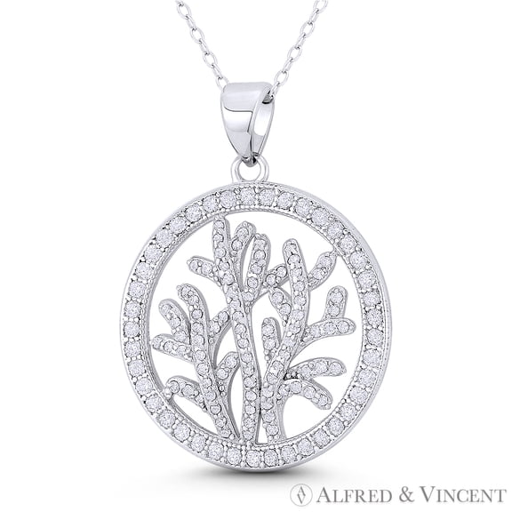 Seaweed Ocean Plantlife CZ Crystal 31x23mm (1.1x0.9in) Pendant & Chain Necklace in .925 Sterling Silver w/ Rhodium