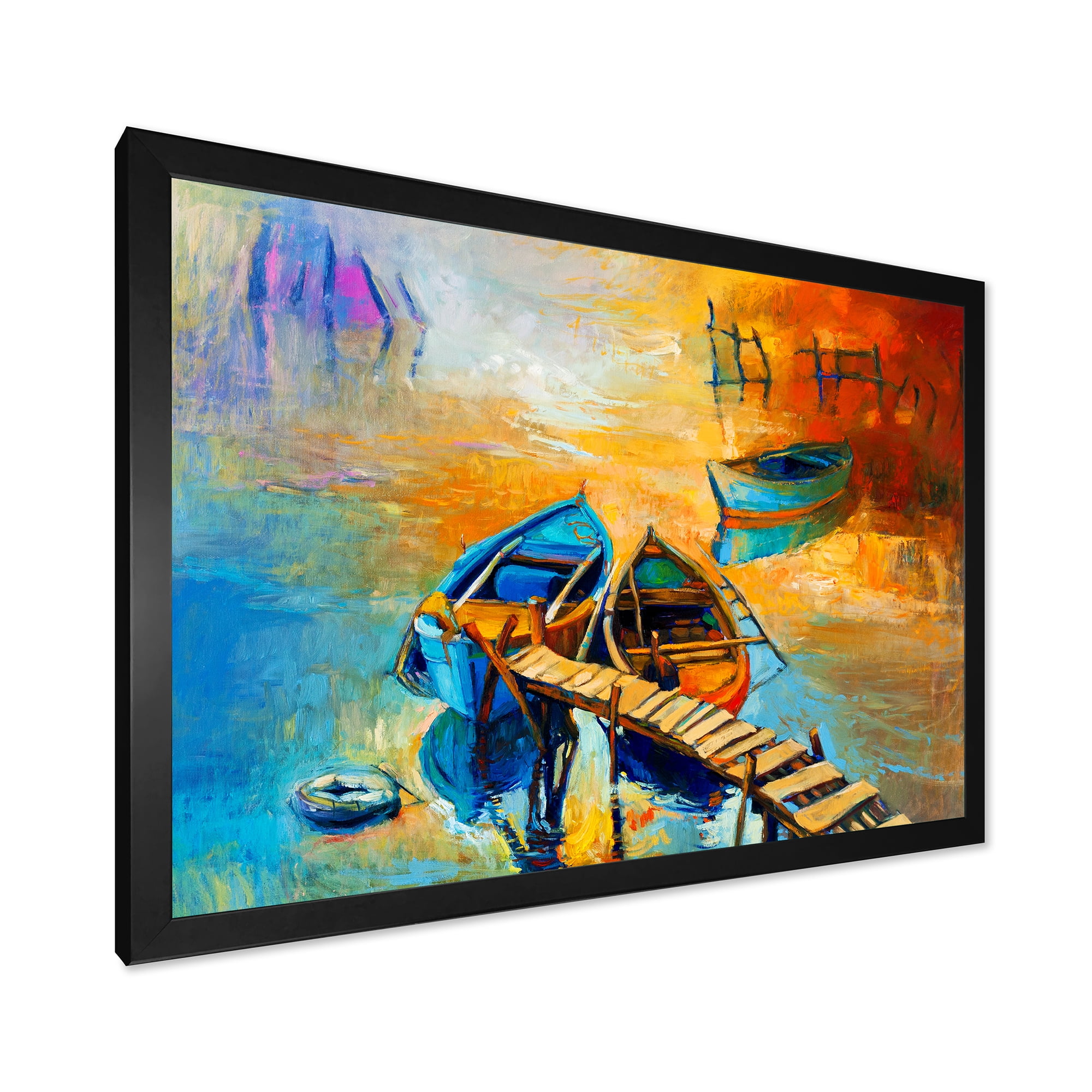 Boat At The Lake During Evening Glow V 32 in x 16 in Framed Painting Canvas Art Print, by Designart