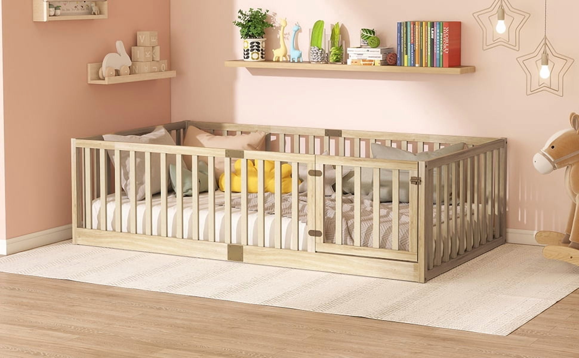 Twin Size Rubber Wood Floor Bed with High Fence & Door, Montessori Floor Bed with Safety Guardrails, Natural Finish, No Box Spring Needed