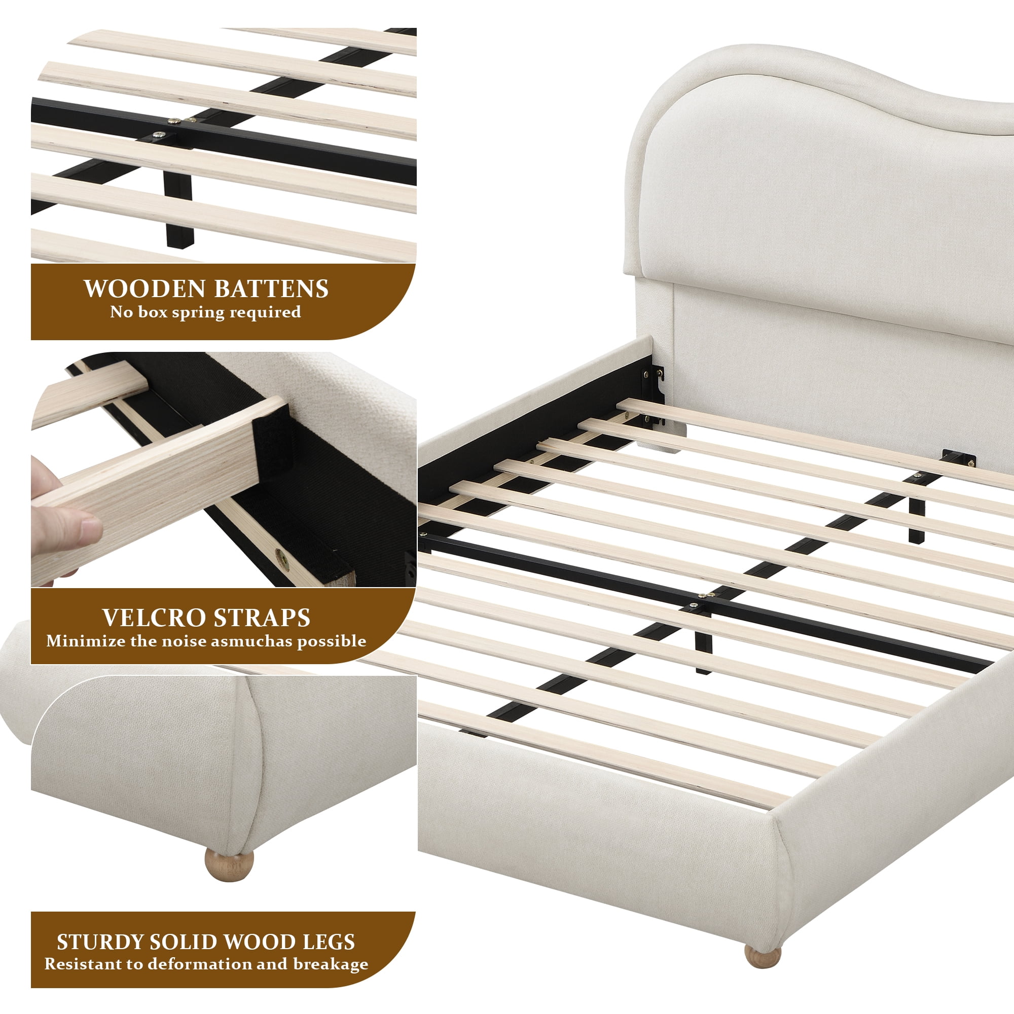 Queen Size Upholstered Platform Bed Frame with Rounded Corners Curved Headboard, Wooden Slats, Oak Solid Wood Legs, Chenille Fabric, No Box Spring Needed, Easy Assembly, Beige