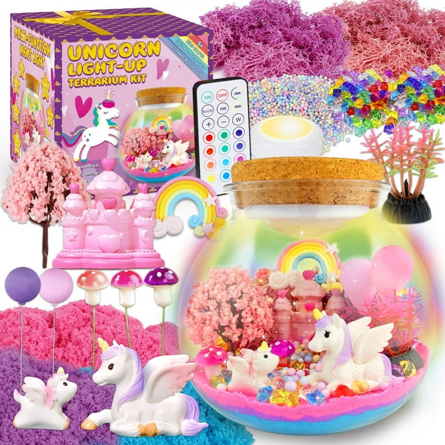 Kit de manualidades con forma de unicornio para terrario, 7 de julio, con luz nocturna LED para niñas de 5 a 10 años