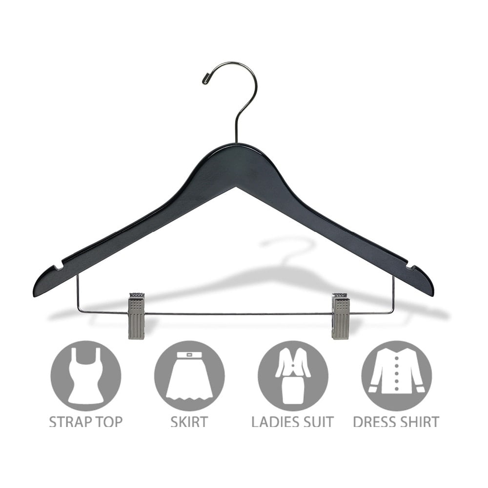 NTERNATIONAL HANGER, Rubber Coated Non-Slip Black Wood Combo Hanger for Tops or Bottoms, 50 Pack