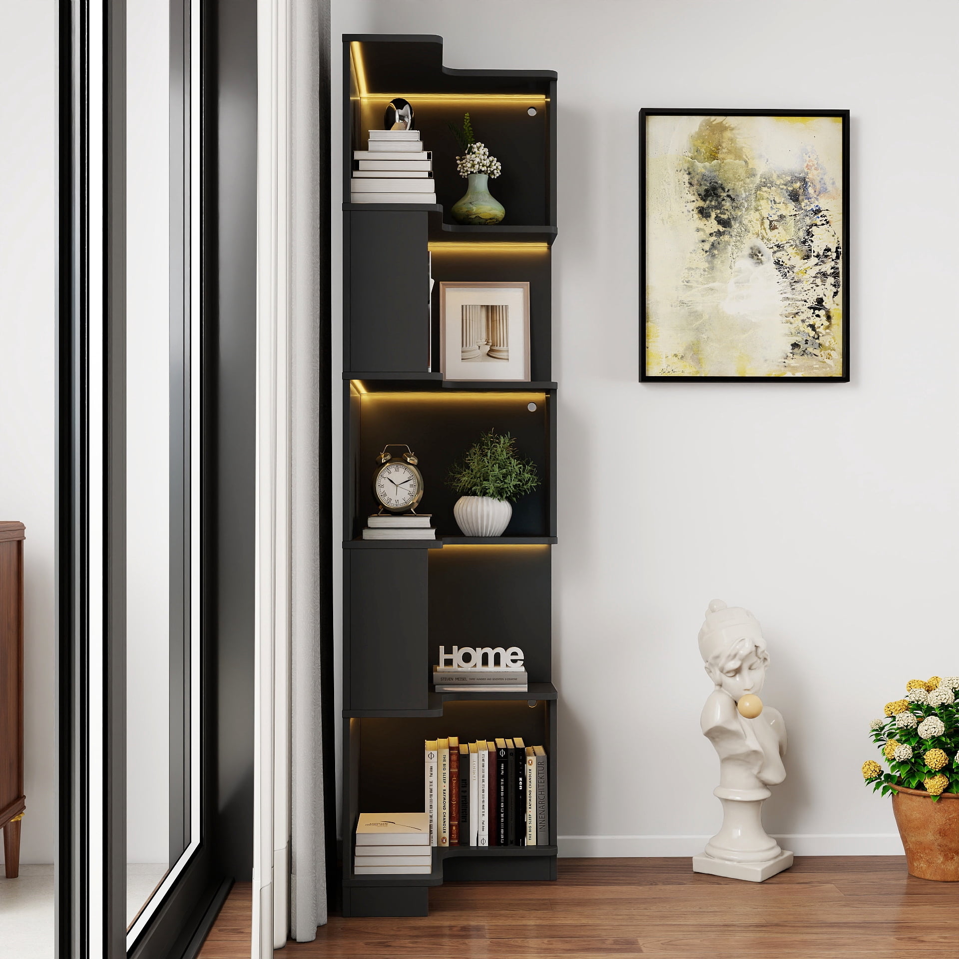 Corner Bookshelf 5-Tier L-Shaped Display Shelf for Home Office Living Room, Black