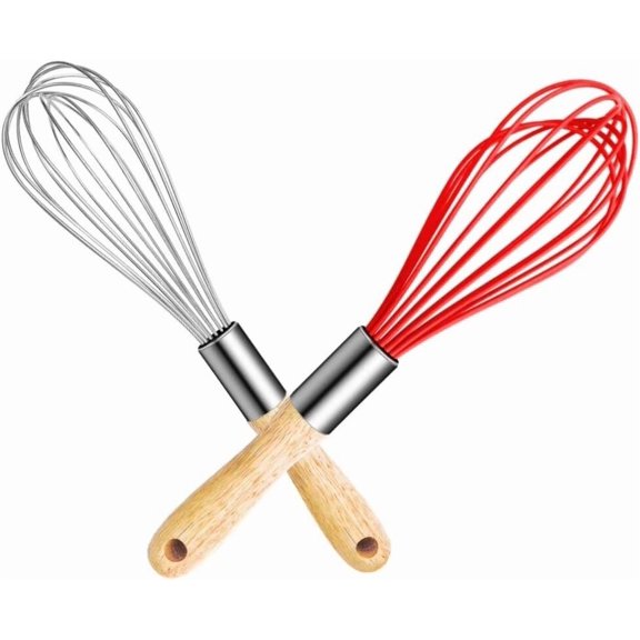 2 Pack Kitchen Silicone Wires Balloon Whisk With Oak Wood Handle Stainless Steel