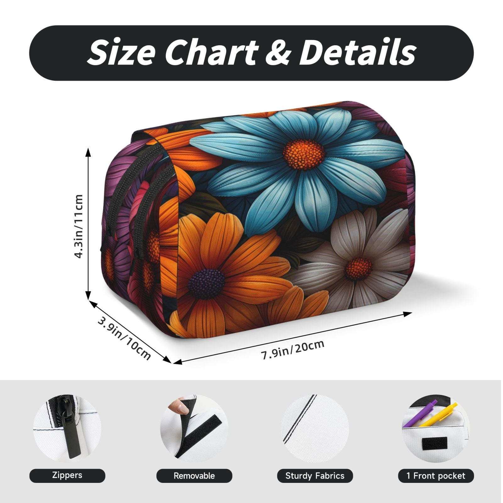 Rateoe Colorful Blooming Flowers Pattern Double Clamshell Pen Case, Storage Organizer with Two Zipper Compartments– Holds Up to 50 Pencils & Pens