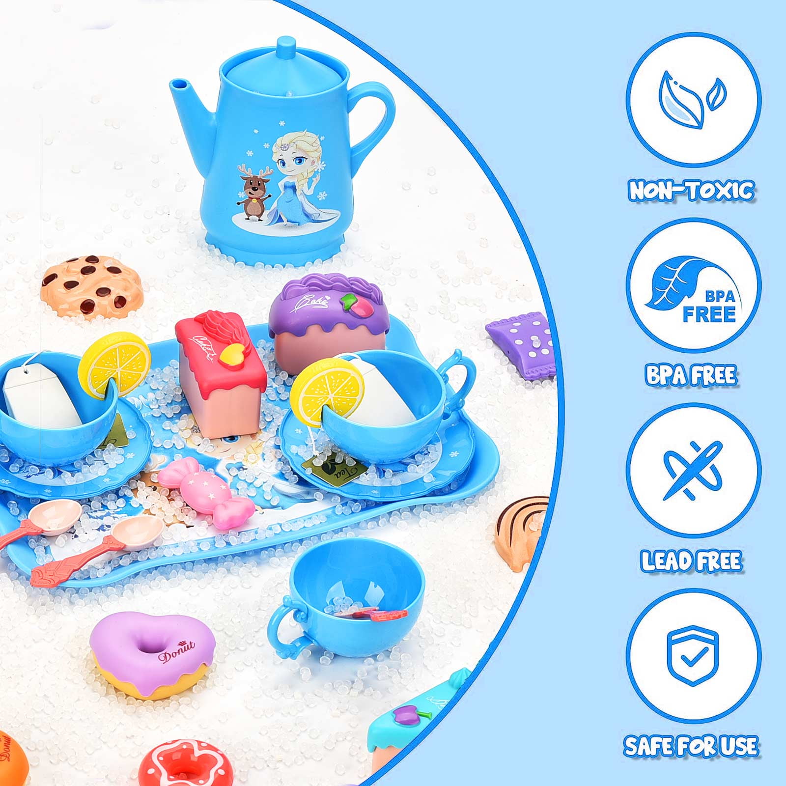Amplov 44-Piece Princess Tea Set for Girls Ages 3–6, Toddler Pretend Tea Party Playset with Teapots, Plates, Cups, Spoons – Gift for Kids Kitchen Play
