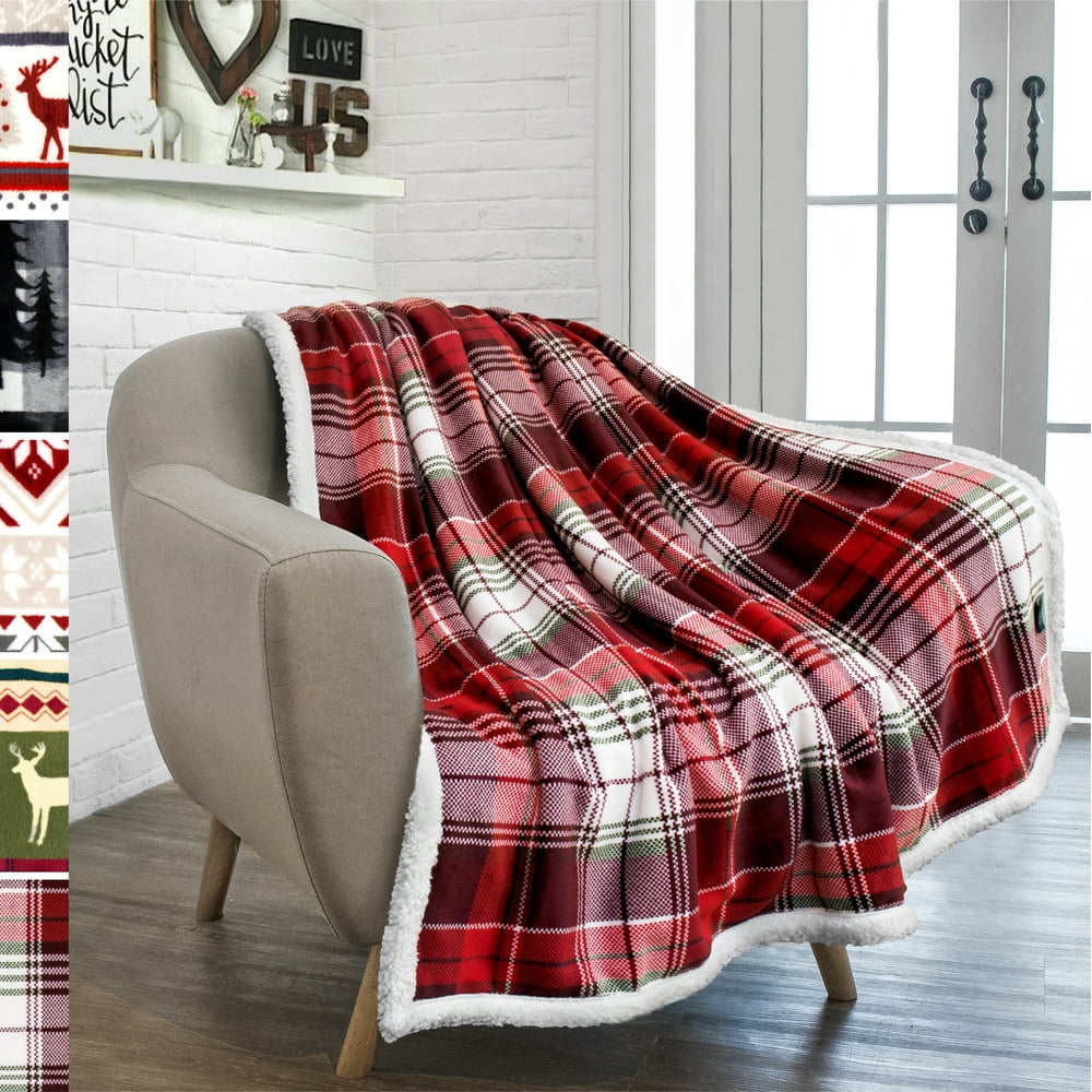 PAVILIA Christmas Plaid Blanket Sherpa Fleece Flannel Throw Blanket
