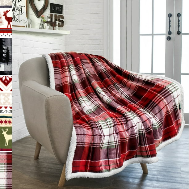 PAVILIA Christmas Plaid Blanket Sherpa Fleece Flannel Throw Blanket