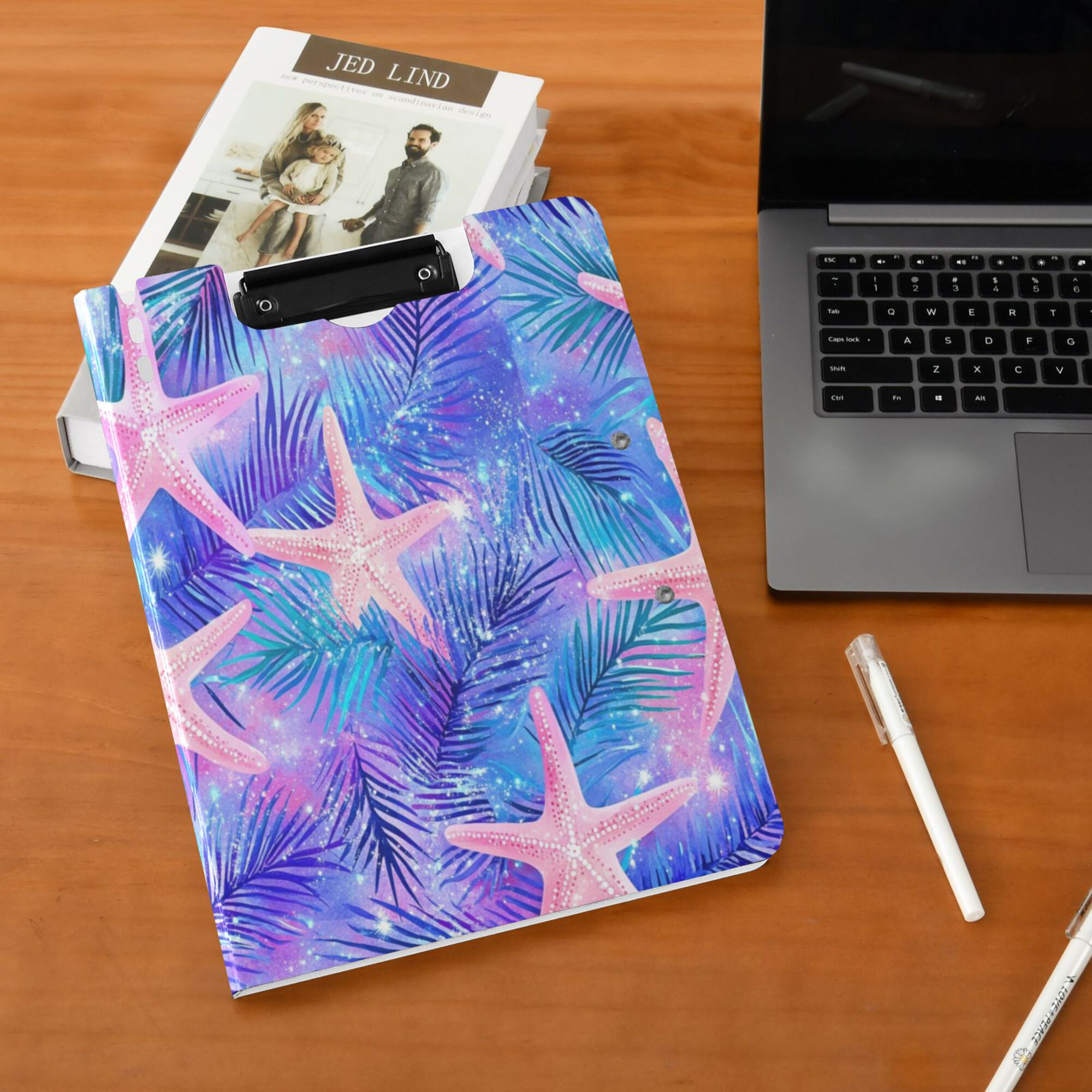 FORMRS A4 Clipboard Folder with Pen Holder Horizontal Foldable School Office Binder, Pink Starfish Pattern