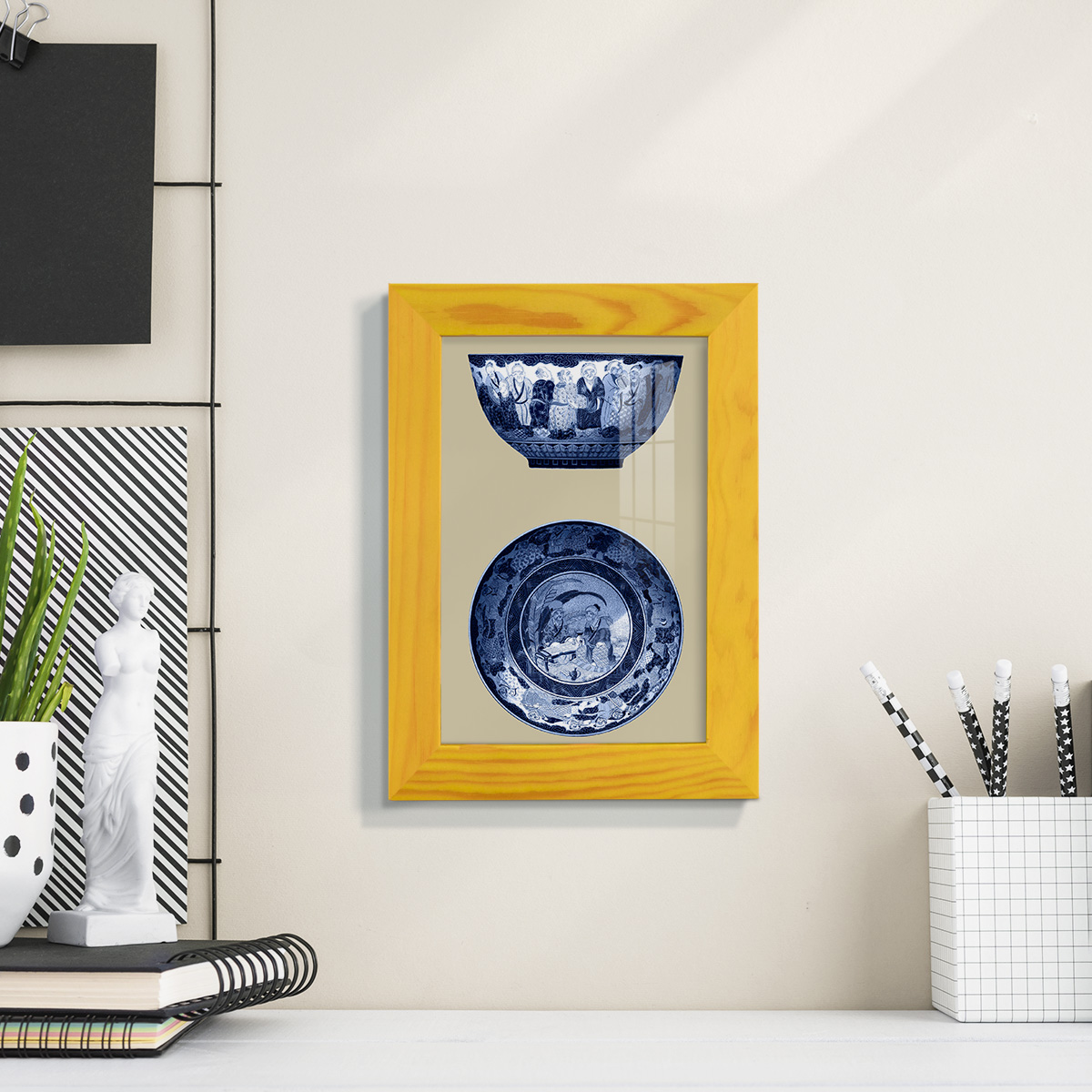 Porcelain in Blue and White II -Framed Print w/glass-Sunflower Yellow