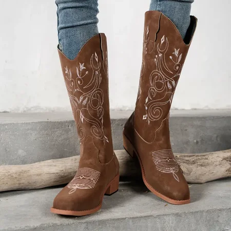 

Women‘s Floral Embroidered Chunky Heeled Western Boots Solid Color Faux Leather Shoes Women‘s Footwear