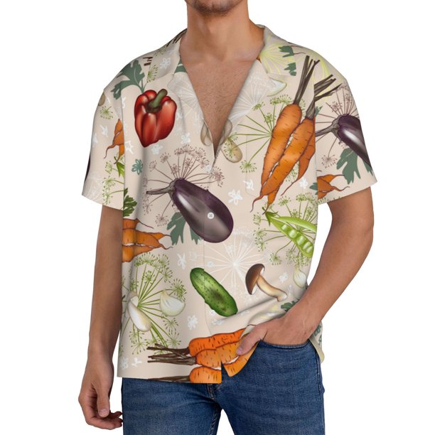 Fotbe Cute Vegetables Camisa Estampada de Manga Corta para Hombre, Casual de Verano, Estilo Playero, Sin Arrugas-Large