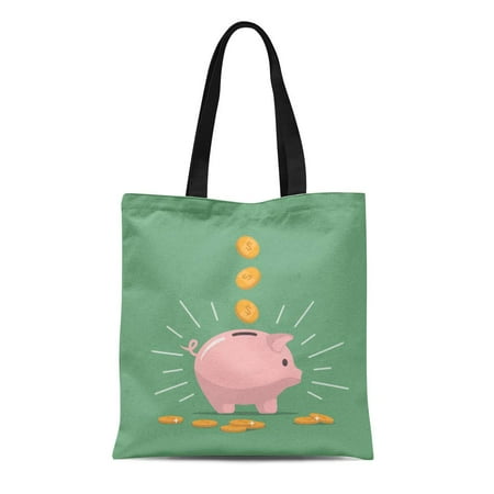 Piggy Bank Break To Open KDAGR Canvas Tote Bag Pink Piggy Bank Falling Coins Saving Money Open Deposit Reusable Shoulder Grocery Shopping Bags Handbag ()