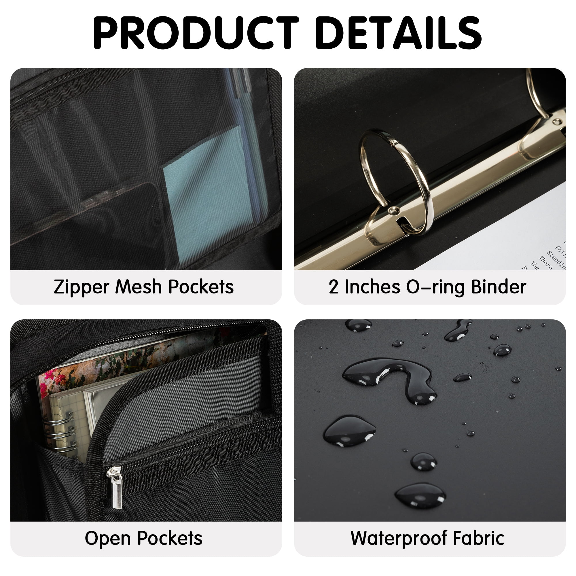 Deli Zipper Binder 2 inch 3 Ring 500 Sheet Capacity Multi-Pocket Binder with 6-Color Tabbes, Black