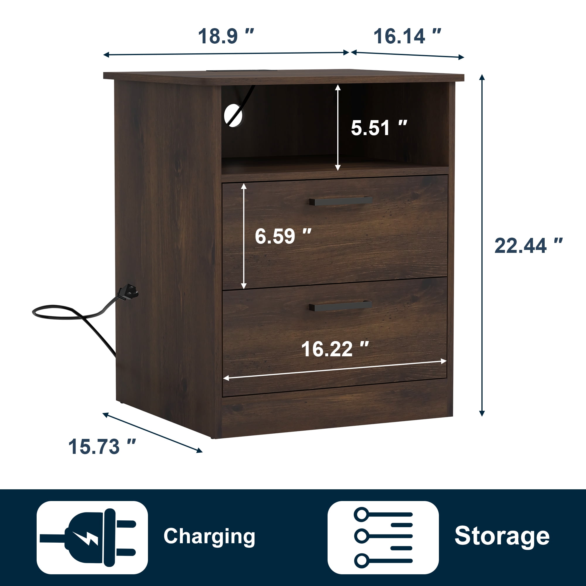 Demi Bonn 18" Side Table with Fast Charging Station USB C Cable Fast Charging, End Table Nightstand with Drawer and Shelf for Bedroom, Living Room, Brown