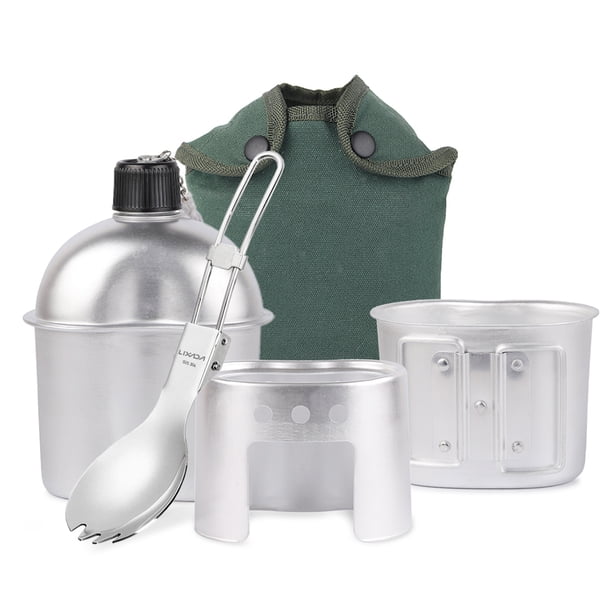 Lixada Juego de utensilios de cocina de 4 uds., Juego de cocina de madera con taza de cantina militar de aluminio con tapa plegable y bolsa para acampar, senderismo, mochilero Lixada Botella al aire libre