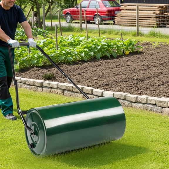 Lawn Roller, Push/Pull/Tow Behind Water/Sand Filled Steel Sod Drum Roller with U-Shaped Handle, Yard Roller for Garden Backyard Grass, 24"x13", 17 Gallons, Green & Black