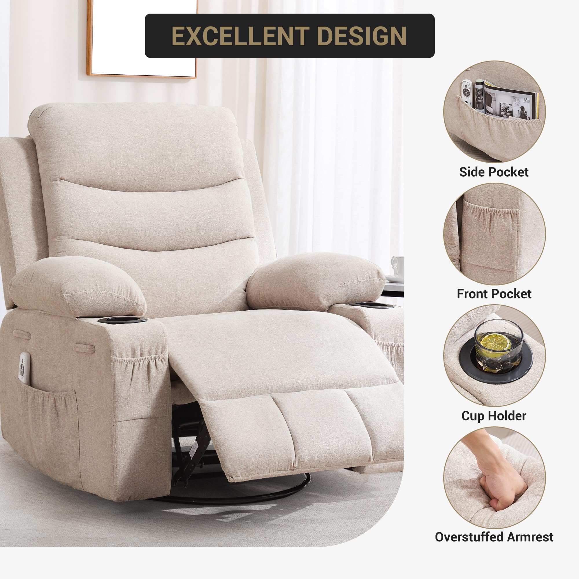 Recliner Chair Nursery, Oversized Manual Reclining Rocking Chair, 360 Swivel Glider with Cup Holder, Massage and Heat Recliner, Indoor Small Single Sofa Chairs for Adults RV Bedroom, Beige/Grey/Brown