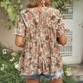 thumbnail image 4 of Blusa casual color caqui con mangas cortas y cuello redondo para mujer, talla L Camisa con volantes florales, 4 of 6