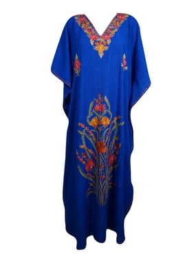 Mogul Womens Blue Caftan Maxi Dress Floral Embroidered Kimono Kaftan Dresses OneSize