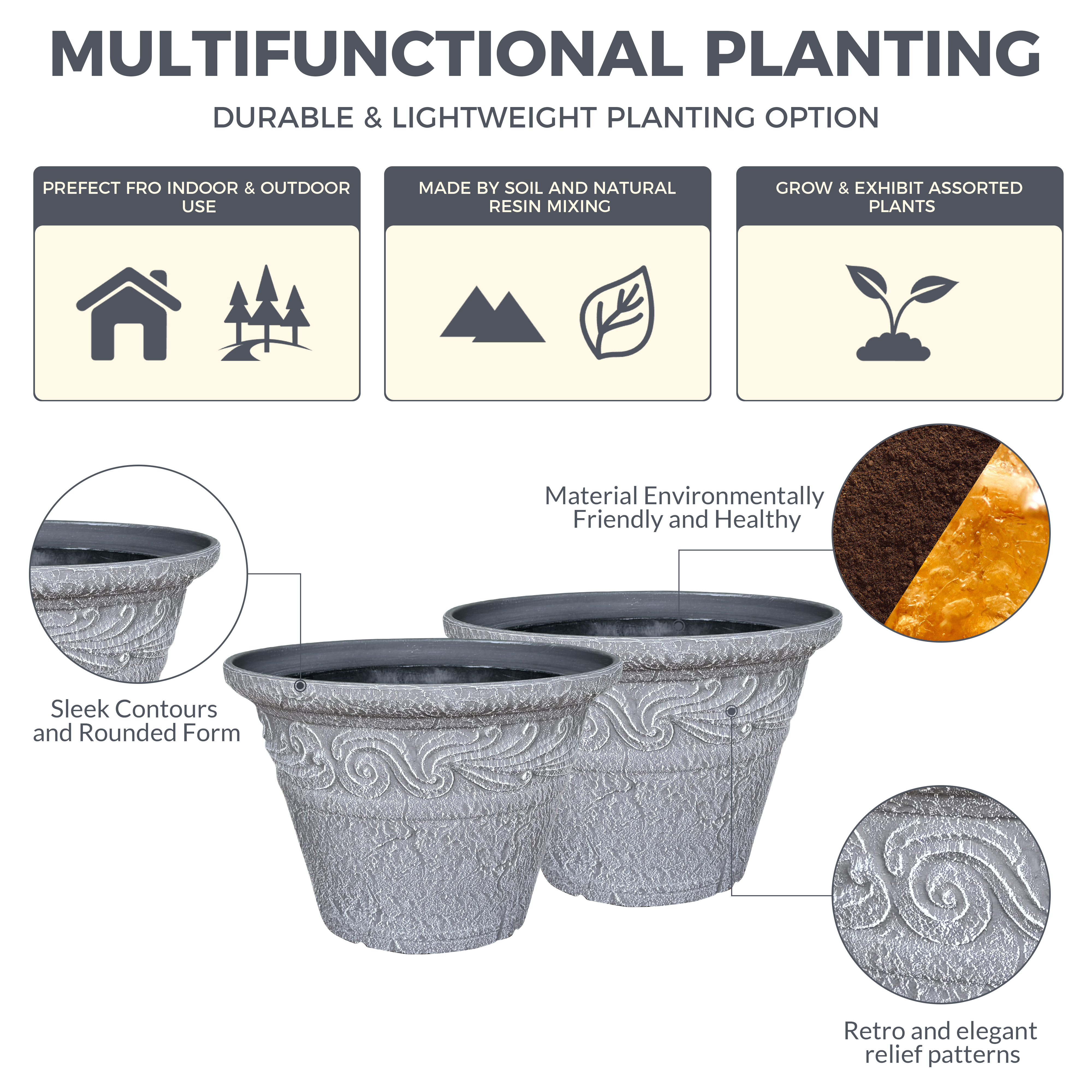 12 in. Dia Two-piece Set Of Classical Relief Flower Pots for Indoor/Outdoor Plants (Set of 2) in Light Gray