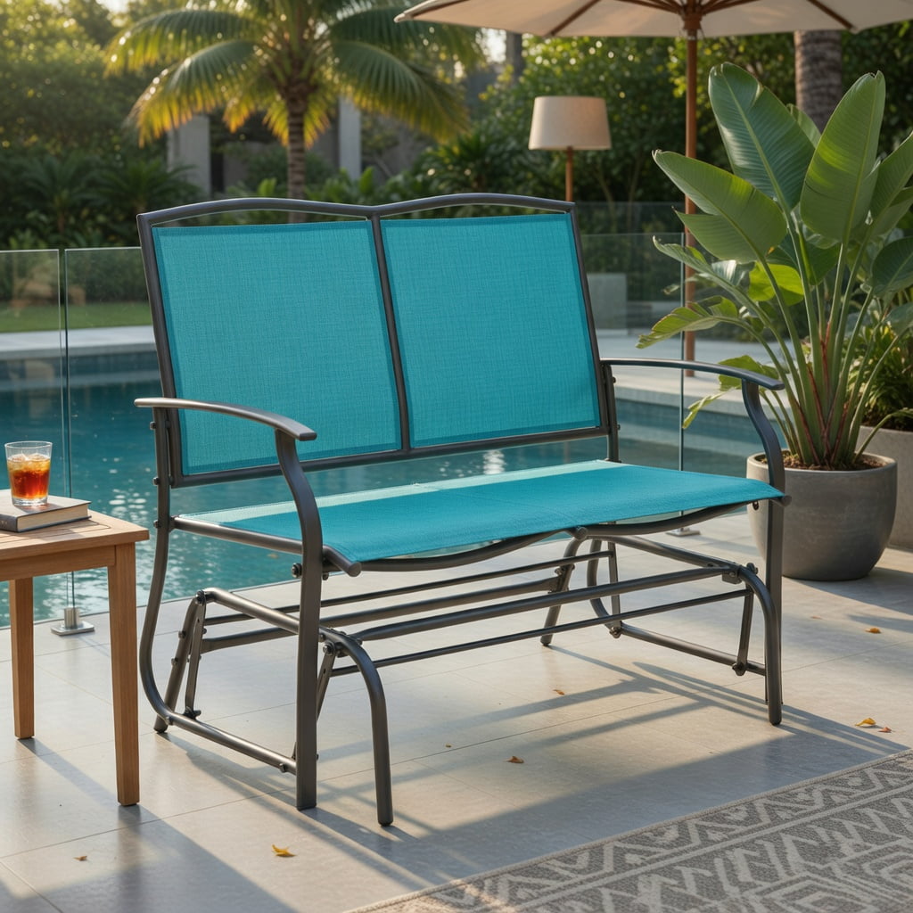 Hommoo Iron Outdoor Rocking Loveseat, Heavy-Duty Steel & Textilene Patio Chair for Backyard, Deck or Porch, 2-Person Relaxation Rocker, Turquoise
