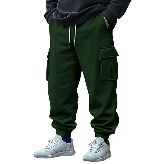 Moxiu Pantalon Cargo d'Hiver pour Homme Extensible à Cordon, Joggers avec Multiples Poches pour Randonnée Décontractée Vert,P