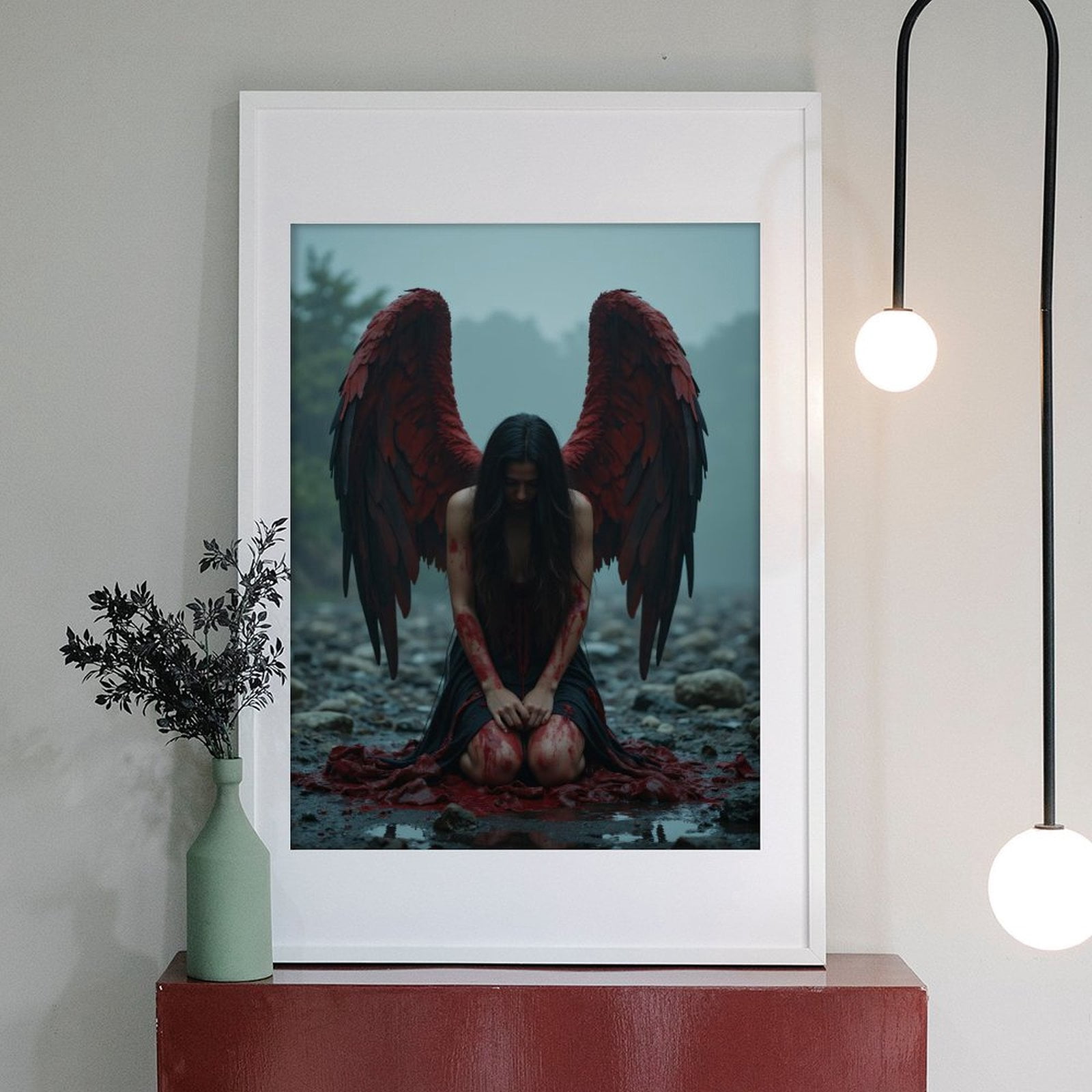 Diamond Art Kit for Adults, Dark Angel Red Wings Kneeling Riverbed Diamond Painting for Adults Beginners, DIY Diamond Art Painting Kits, 5D Diamond Painting Crafts for Home Decor 12x16 Frameless