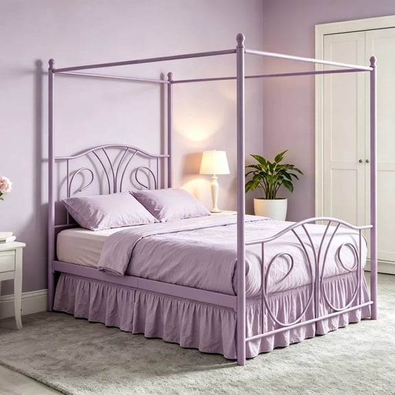 VECELO Twin Metal Bed Frame, Canopy Four Posters Platform Bed Frame with Headboard & Footboard, No Box Spring Needed, Purple