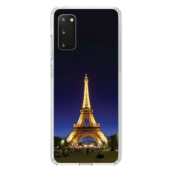 DistinctInk Clear Shockproof Hybrid Case for Galaxy S20 PLUS / 5G (6.7" Screen) - TPU Bumper, Acrylic Back, Tempered Glass Screen Protector - Eiffel Tower Paris Night - Paris