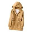 thumbnail image 3 of Iyufng Women's Hooded Drawstring Waist Trench Coat Elastic Cuffs Long Sleeve Flap Pocket Mid Length Windproof Outerwear, 3 of 6