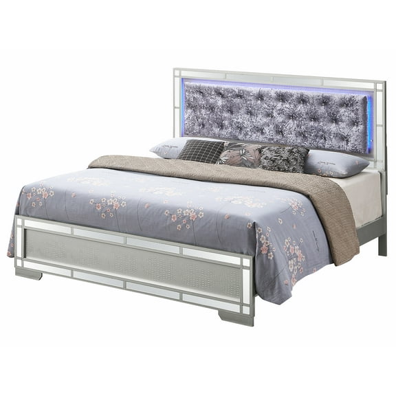 Contemporary Home Living LED Lighted Velvet Tufted Full Panel Bed - 79" - Silver Champange Finish