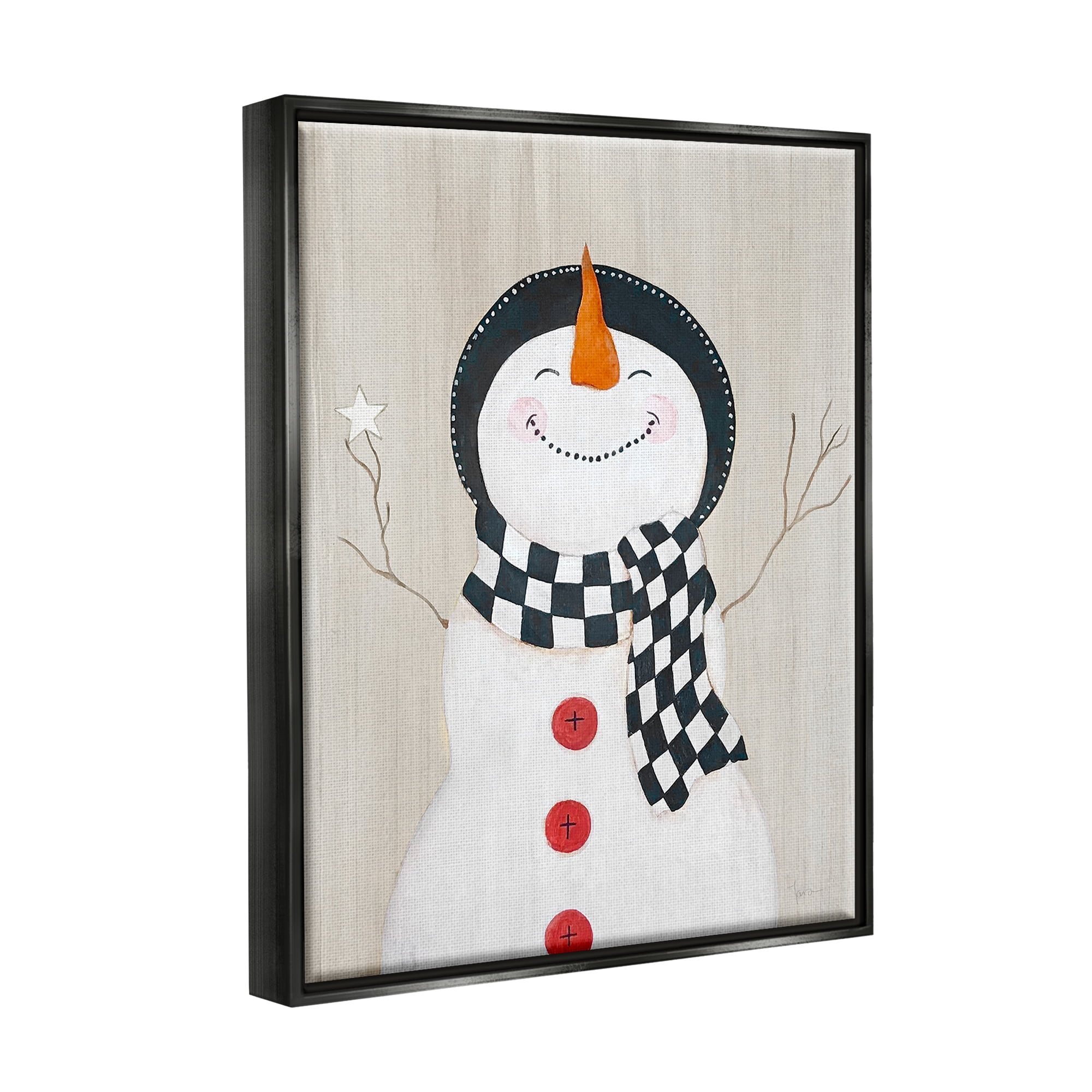 Stupell Industries Happy Smile Winter Snowman Holiday Painting Black Floater Framed Art Print Wall Art