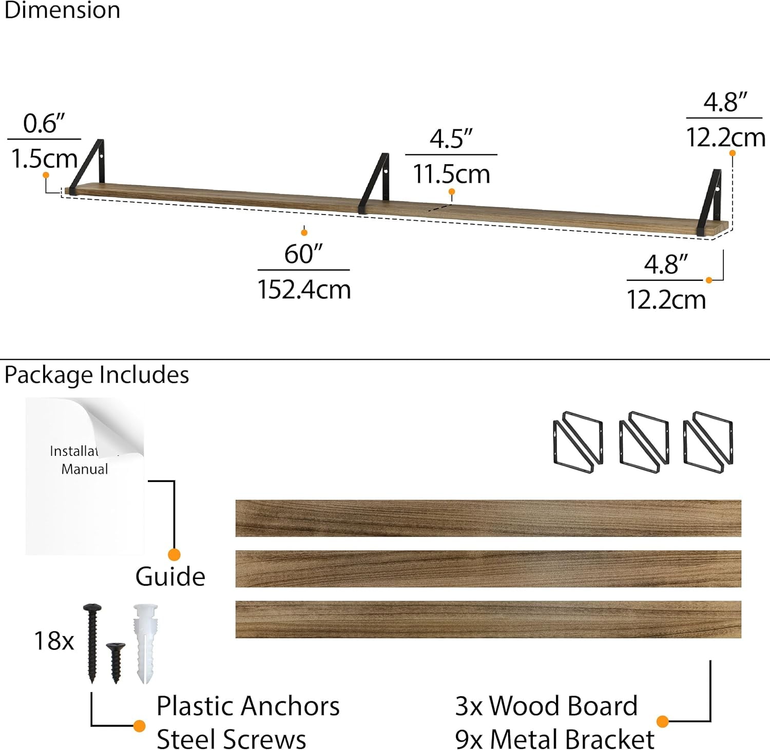 Wallniture Ponza 60 inch Long & 4.5 inch Wide Rustic Floating Shelves for Wall, Wall Bookshelf for Living Room, Floating Wall Shelf for Home Office, Bedroom, Kitchen, Set of 3, Burnt, Wood