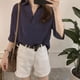 thumbnail image 5 of Sonbest Camisas De Algodón Con Cuello En V Con Estampado De Rayas De Manga Tres Cuartos Para Mujer Blusas Casuales Rosa M Inevent SH1104-32, 5 of 7