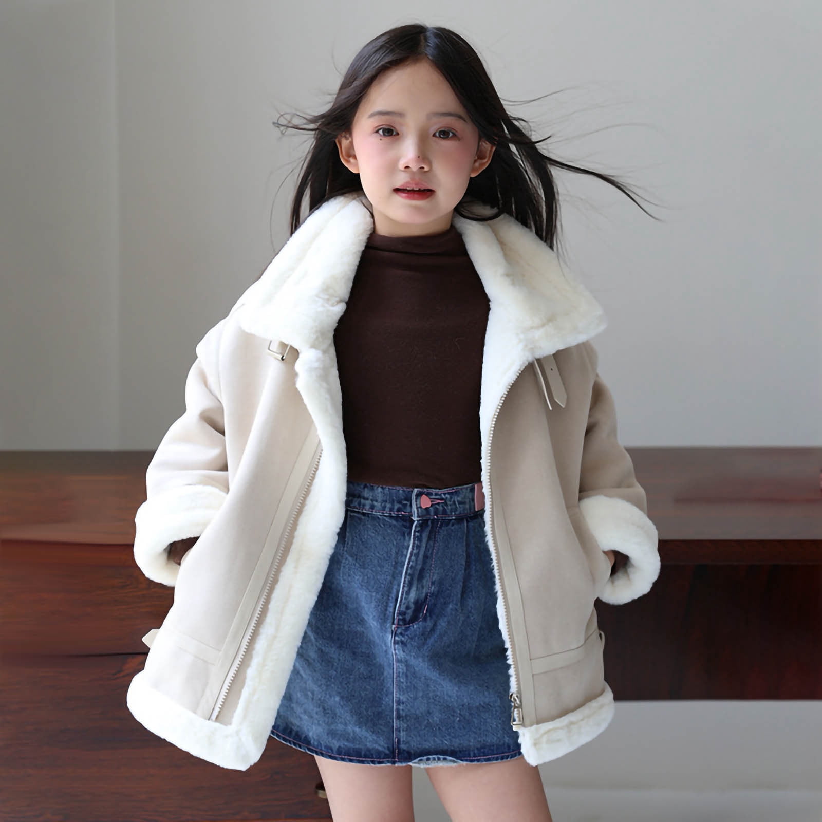 Girls Winter Faux Leather Jacket Long Sleeve Zip up Lapel Fleece Lined Thick Warm Coat Fall Trendy Kids Jackets (4 Years, White)