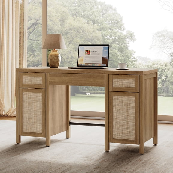 SICOTAS 52.1" Wide Home Office Desk with Drawers & Storage Cabinet, Rattan Accent Farmhouse Writing Desk with Adjustable Shelf & Soft-Close Door Computer Desk for Study,Reclaimed Caramel Oak