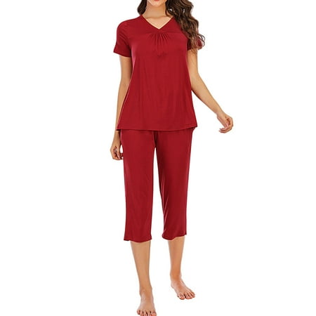 

ZXZY Women Solid Color V Neck Pleated Short Sleeve Calf-Length Pants Pajamas Set