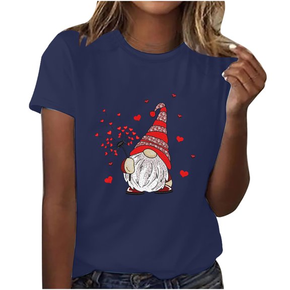 Fesfesfes Lace Top Women T-Shirt Fashion Short Sleeve Round Neck Valentine's Day Printing Casual Blouse T-Shirt Tops Shirt Blouses 8(L)