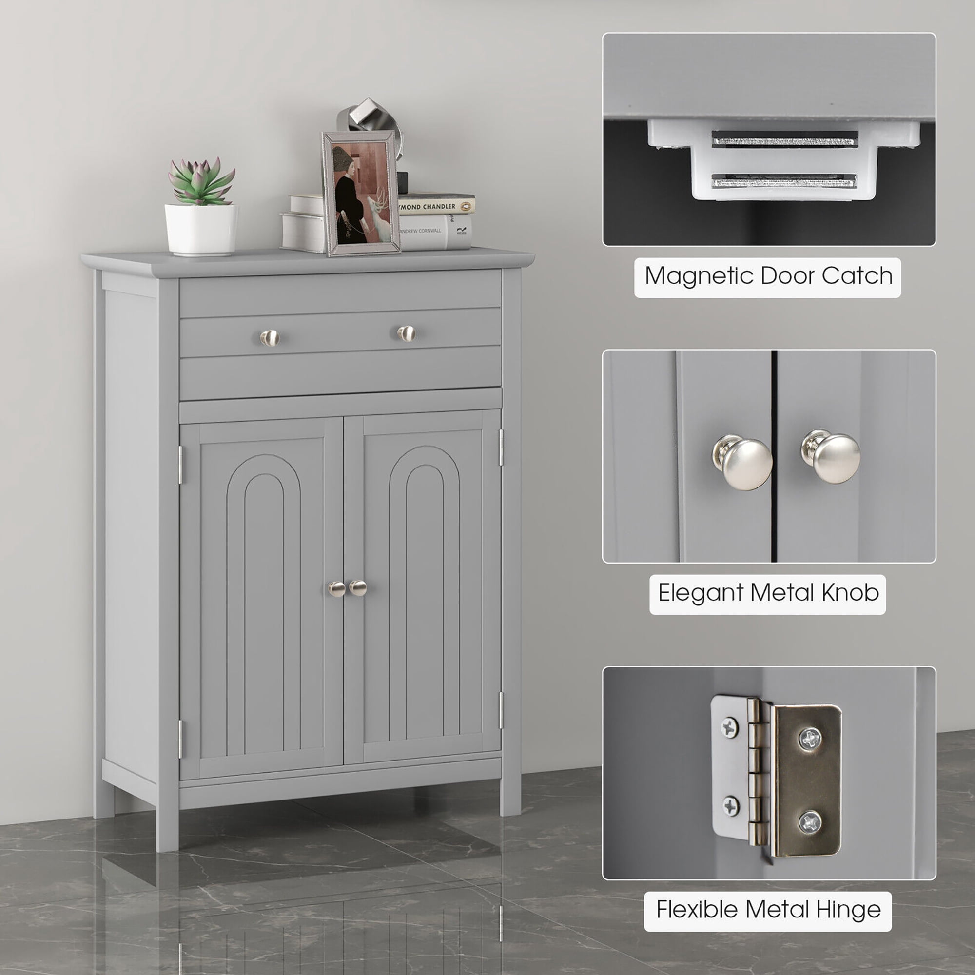 Gymax Bathroom Floor Cabinet Wooden Storage Organizer with Drawer & Doors Blcak