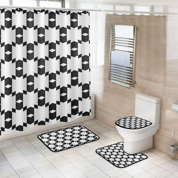 4 Pcs Geometrical Black and White Bathroom Shower Curtain Set with 12 Hooks Bath Mat Toilet Lid Cover
