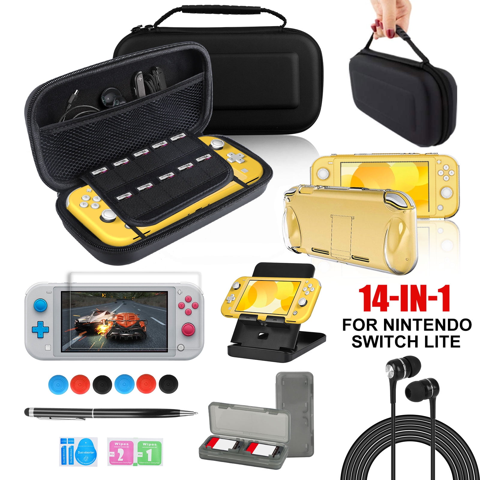 Carrying Case Fit for Switch Lite, TSV 14-in-1 Accessories Bundle Kit for Switch Lite, Protective Case With Screen Protector/Console Stand/Stylus/Earphone/Card Holder for Switch Lite Games - Walmart.com