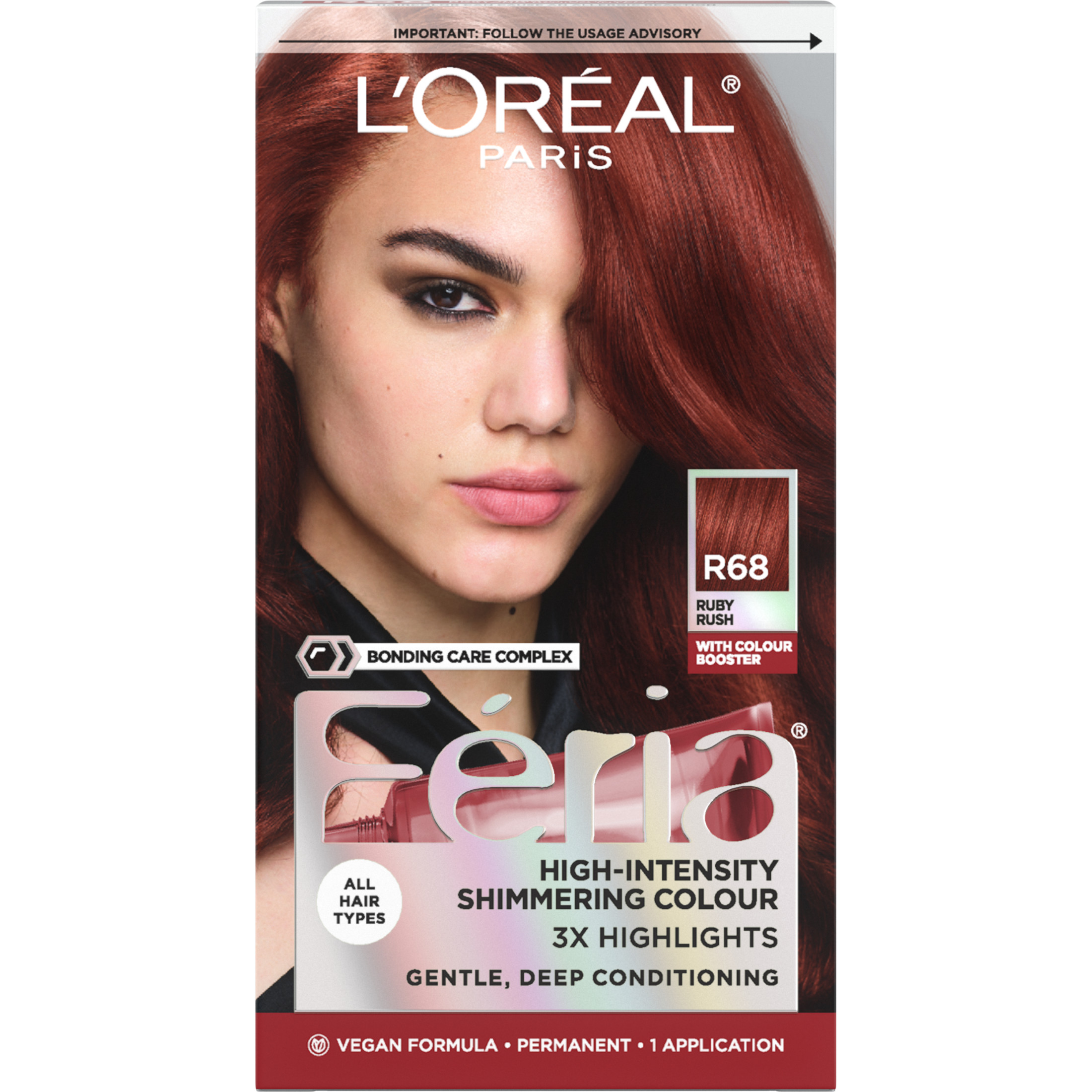 L'Oreal Paris Feria Shimmering Permanent Hair Color, R68 Ruby Rush (Rich Auburn True Red), 1 kit
