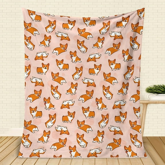 Contemporary Corgi Dog Pattern Flannel Throw Blanket, Soft Warm Digital Print All-Season Office Nap Travel Camping Blanket for Bed Chair Car Sofa Bedroom Home - Machine Washable Polyester