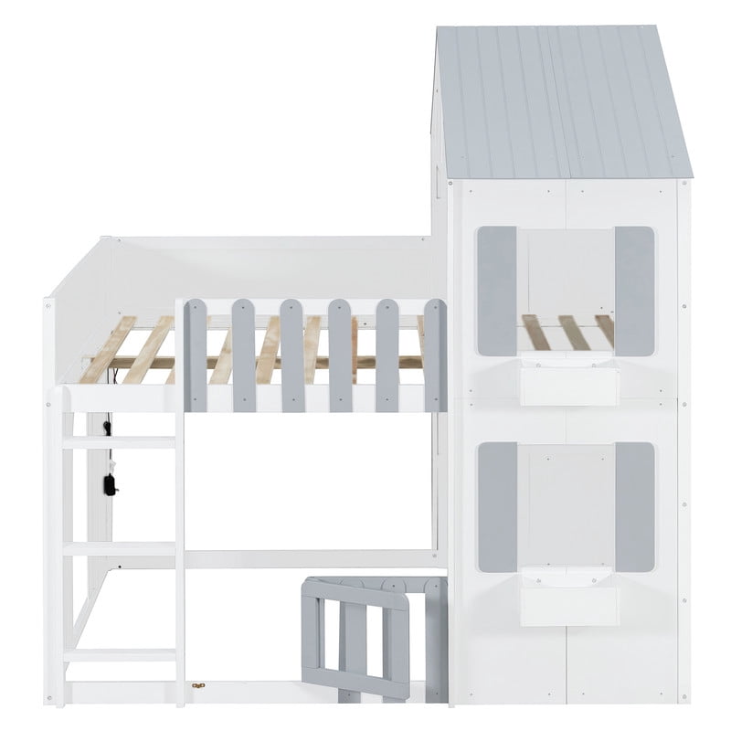 Full over Full House-Shaped Bunk Bed with Roof and Window, Kids/Teens Playful Designed Bed Frame with Fence and LED Light